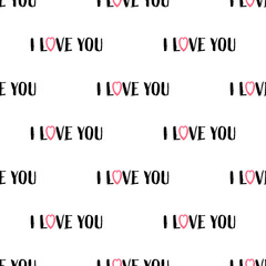 Valentine's day vector seamless pattern of Love text and tiny red hearts on white color background.