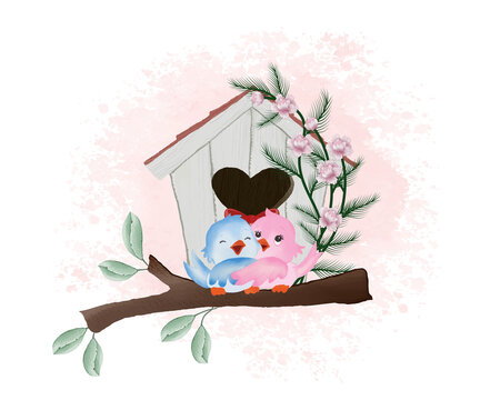 Hand drawn watercolor Birdhouse with flowers and birds