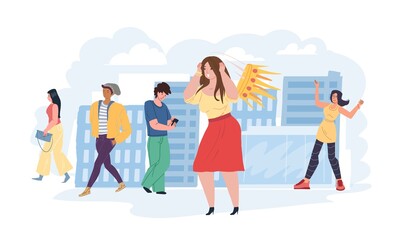 Fototapeta premium Vector flat cartoon character with psychological problem,golden crown falling from woman head at public- self-conceit problem,personal psychology concept,web site ad banner design