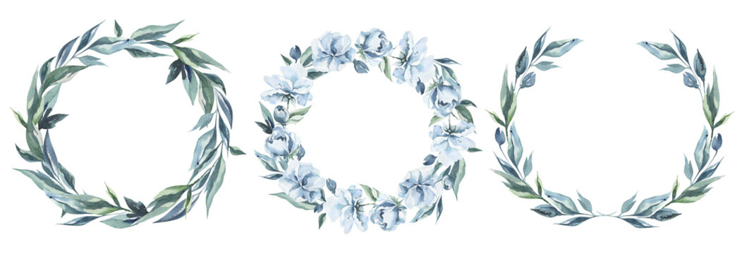 Set Of Watercolor Wreathes From Dusty Blue Flowers On White Baskground