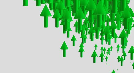 Green glossy pointers on black background show upward trend. Market growth concept positive symbols. 3d render illustration