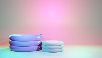 Product showcase two stage pedestals in pastel pink and purple colors. Cosmetics beauty dreamy podium platform. 3d render scene display background
