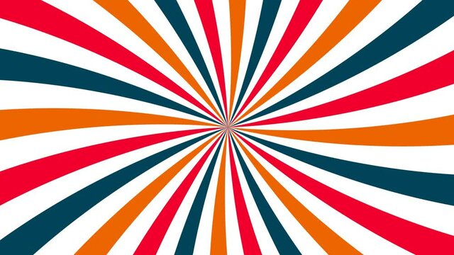 Retro Circular animation. Waves moving in a spiral. Hypnosis session. Circus banner. The texture of radial blue-red lines, rays. The design of the twisting strips. The symbol of the sunbeam.