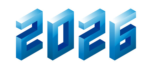 New Year 2026 blue water color design on white. Isometric style.