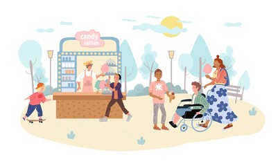 Vector cartoon flat family characters,parent and kids having fun outdoors at amusement park-outdoor activities and leisure in city park life scene concept,web site ad banner design