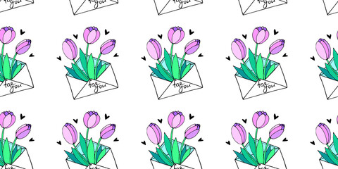 Vector seamless pattern with letter, flowers tulips, hearts. Hand drawn texture, background for wrapping paper, textile, greeting card, Valentine's Day.