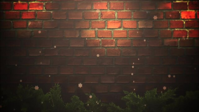 Gold light and Christmas tree branches on bricks wall, motion holidays and winter style background for New Year and Merry Christmas