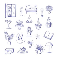 Home hygge, relax ambience with things for stay-at-home leisure and indoor lifestyle. Collection of cute doodle objects