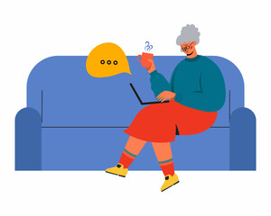 An elderly woman is sitting on the sofa. Grandma is sitting with the phone. An elderly woman uses social networks. Vector illustration