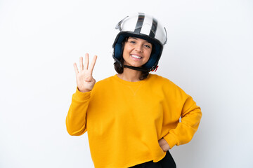 Woman with a motorcycle helmet happy and counting four with fingers