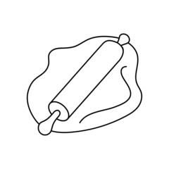 Stylized dough, rolling pin and kitchen utensils. Logo, sign. Black outline hand drawn vector illustration. Vector banner template in doodle style. Shop, bakery, pastry shop design. Isolated backgroun
