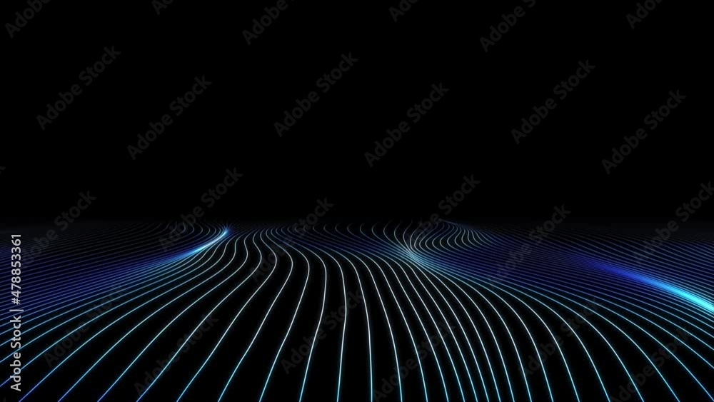 Wall mural seamless loop curvy white lines design on black screen with blue glowing details animation backgroun