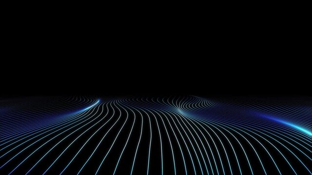 Seamless loop curvy white lines design on black screen with blue glowing details animation background.
