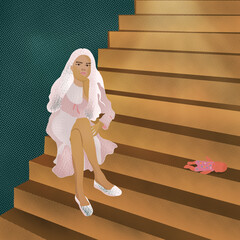 Mała dziewczynka samotnie siedzi na schodach obok porzuconej plastikowej lalki - obrazy, fototapety, plakaty