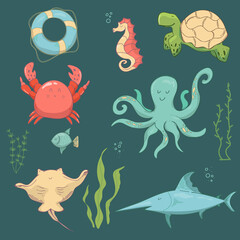 Sea animals vector set . Marine animal, aquatic plants. Underwater creature set vector isolated. Set of funny ocean animals isolated on a white background. Sea creatures. Funny cartoon character.