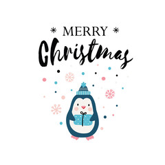 Cute hand drawn penguin with gift for Merry Christmas. Vector illustration