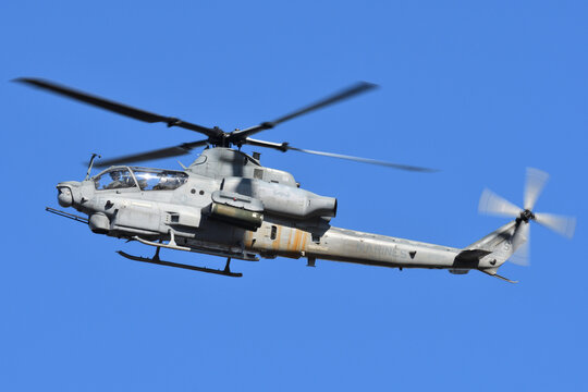 Kanagawa, Japan - December 18, 2021:United States Marine Corps (USMC) Bell AH-1Z Viper attack helicopter from HMLA-369 "Gunfighters".
