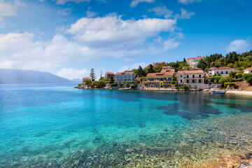 The bay of Fiscardo, village and sailors paradise at the north side of Kefalonia island, Greece, with turquoise sea and colorful houses