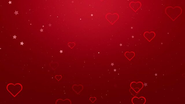 Seamless loop red vibrant background with cute heart symbols and stars with falling shimmering glitter effect. Valentine's day concept animation background.