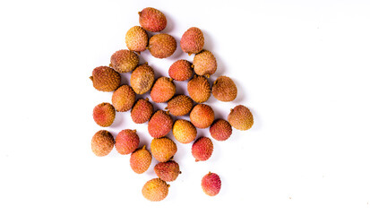 3 lychee fruit on white isolated background. Copy space. Exotic tropical fruit