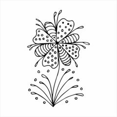 Hand drawn flower single doodle element for coloring, black and white vector image
