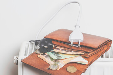 Electric power supply power cords cable plugged in open wallet placed on heating radiator battery...