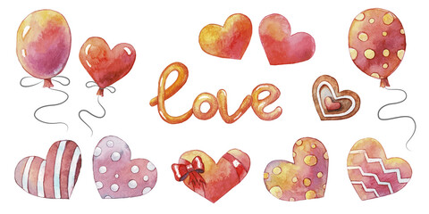 Watercolor set of Valentine's Day hearts. Winter holidays.Large set of watercolor elements for Valentine's Day. Hearts, garlands, balls, and other cute items.