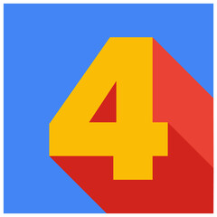 Number four 4 in google colors, primary colors, minimalist design, 3d, pop. Blue background