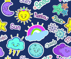 Stickers clouds, rainbow, month, moon, stars from the set "Weather". Vector.Cute pastel colors. The set includes patterns, frames, backgrounds and doodles.