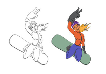 Naklejka premium Ski and snowboard. Winter sport creative poster design. Cartoon style character on vintage background. Vector illustration.