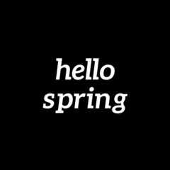 Text "hello spring" isolated on a black background. Black and white abstract lettering illustration