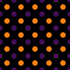 Orange and purple polka dots, seamless pattern on black background. Vector illustration. Happy Halloween.