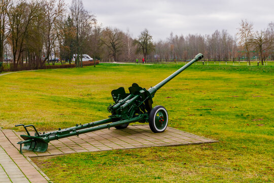 Buynichskoe field WWII memorial. Mogilev, Belarus - 28 November 2021: Soviet anti-tank 76 mm divisional gun m1942 zis-3.