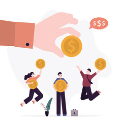 Fototapeta na wymiar Hand holds money for payment of wages and dividends. Boss give paycheck. Payday, earnings. Group of happy managers with golden coins. Employees receive salary.