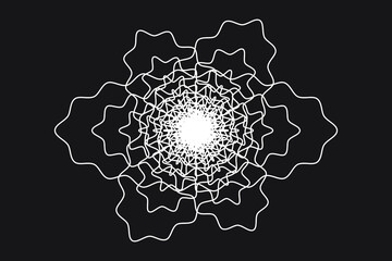 White wavy lines spirograph tunnel or flower spiral logo on black background. Vector illustration.