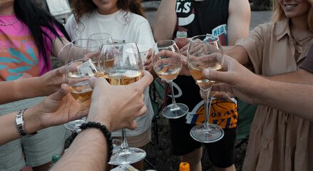Group of young people enjoying drinking wine. Happy friends having fun outdoor. Friends cheering with toasting glasses. Party, festival, celebretion concept.