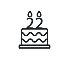 Birthday cake line icon with candle number 22. Vector.
