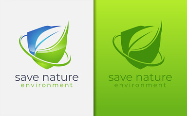 Save Nature Environment with Leaf Concept Combined with Modern Shield Logo Design.