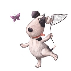 cute funny puppy with butterfly net, hand drawn cartoon character, summer clipart