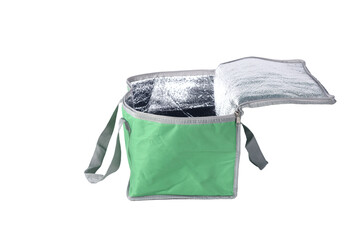 Green box bag with thermal insulation to keep the temperature on a white insulated background