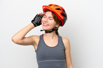 Young cyclist English woman isolated on white background smiling a lot
