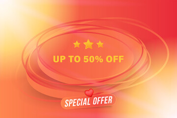 Sale web banner with special offer on a orange background with hearts. Font inscription with lights elements. Flat Vector Illustration EPS10