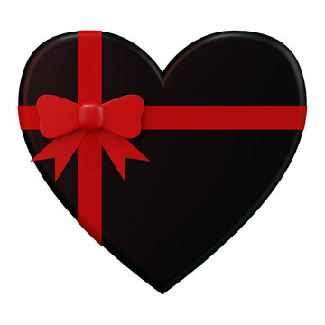 Gift box. Black box in the form of a heart with a red bow. A gift for a loved one for Valentine's Day. 3d render, isolate. Illustration in cartoon style.