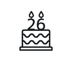Birthday cake line icon with candle number 26. Vector.
