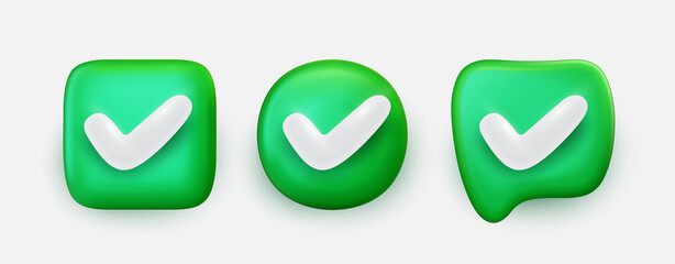 Set of like or correct symbol icon. Green sticker in the form of a square, a circle and babble. Checkmark button, mobile app icon. Realistic 3d vector illustration. Isolated on white background.