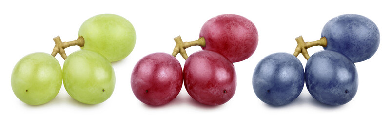 Set of green, red and blue grapes, isolated on white background