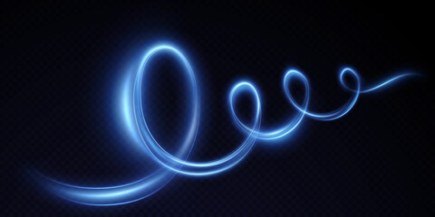 Glowing blue dynamic twirl. PNG Futuristic light strip, line in motion on a transparent background. Electric power current conductor. Vector PNG.
