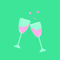 Happy Valentine's Day card with two sparkling glasses of champagne. Holidays typography. Vector illustration.