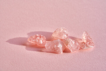 Close up of pink rose quartz crystals