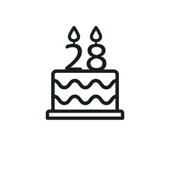 Birthday cake line icon with candle number 28. Vector.